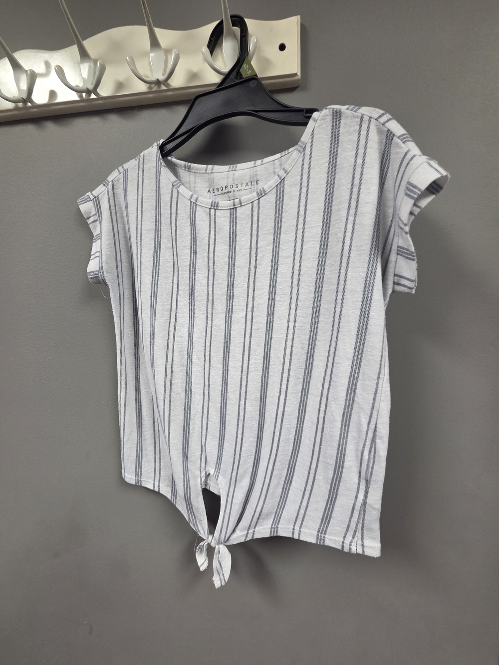 Aeropostale White Tee with Navy Stripes and Front Tie